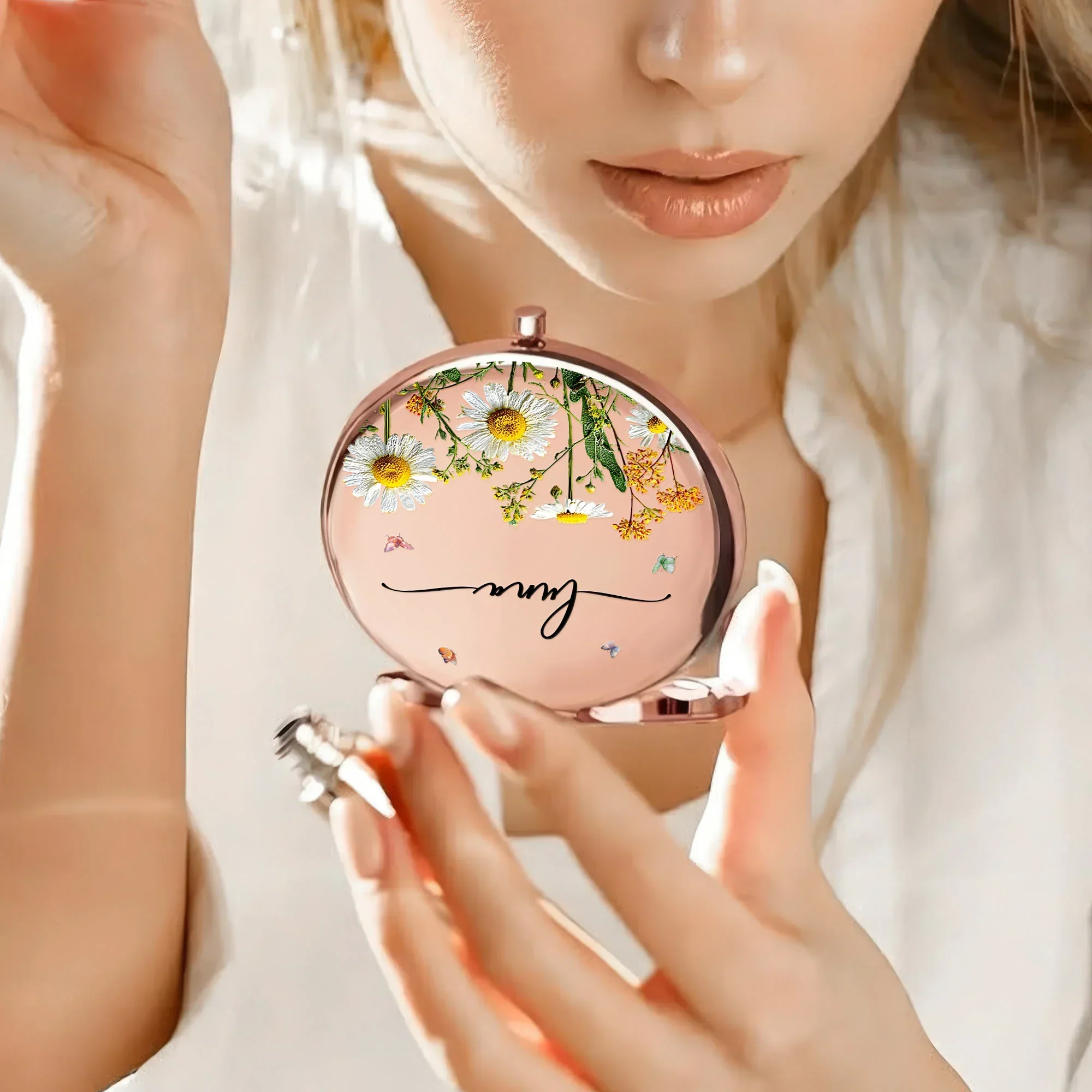 Custom Name Floral Metal Compact Mirror, Delicate Wildflower Design, Thoughtful Gift for Mom Daughter Best Friend, Sweet Daily Reminder - Image 3