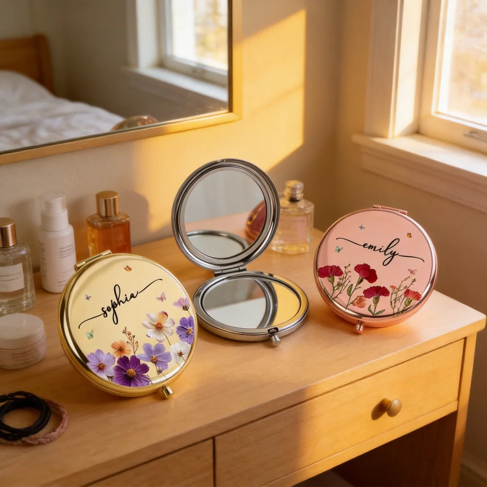 Custom Name Floral Metal Compact Mirror, Delicate Wildflower Design, Thoughtful Gift for Mom Daughter Best Friend, Sweet Daily Reminder - Image 4