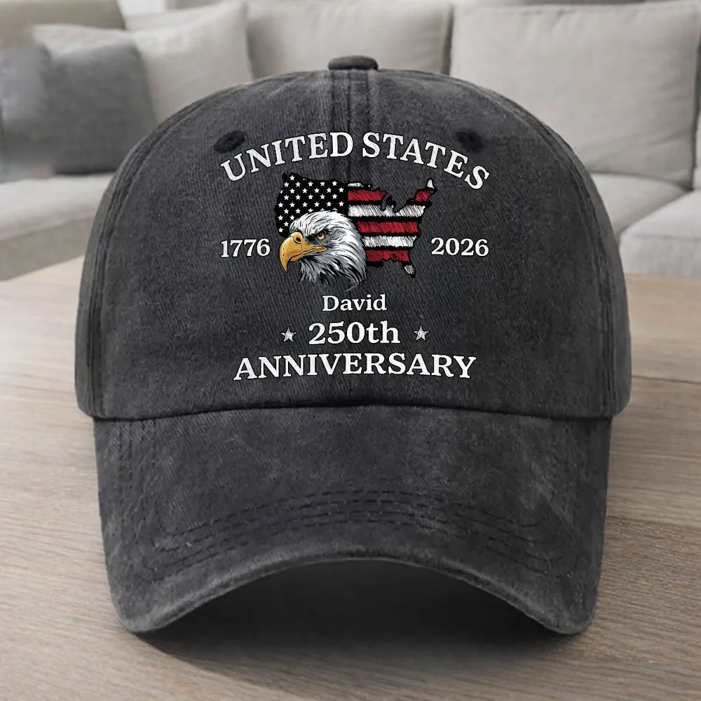 Custom Name US 250th Anniversary Flag Eagle Washed Denim Hat, Meaningful Everyday Keepsake