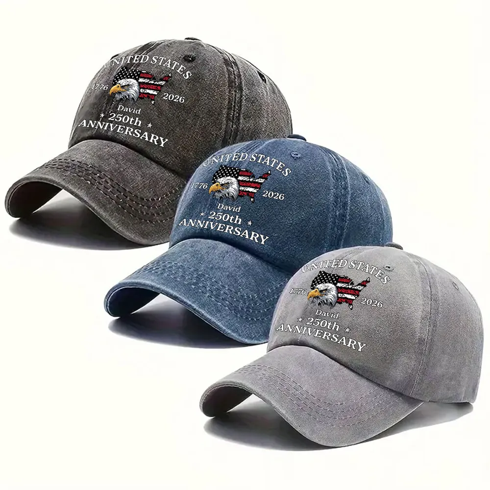 Custom Name US 250th Anniversary Flag Eagle Washed Denim Hat, Meaningful Everyday Keepsake - Image 2