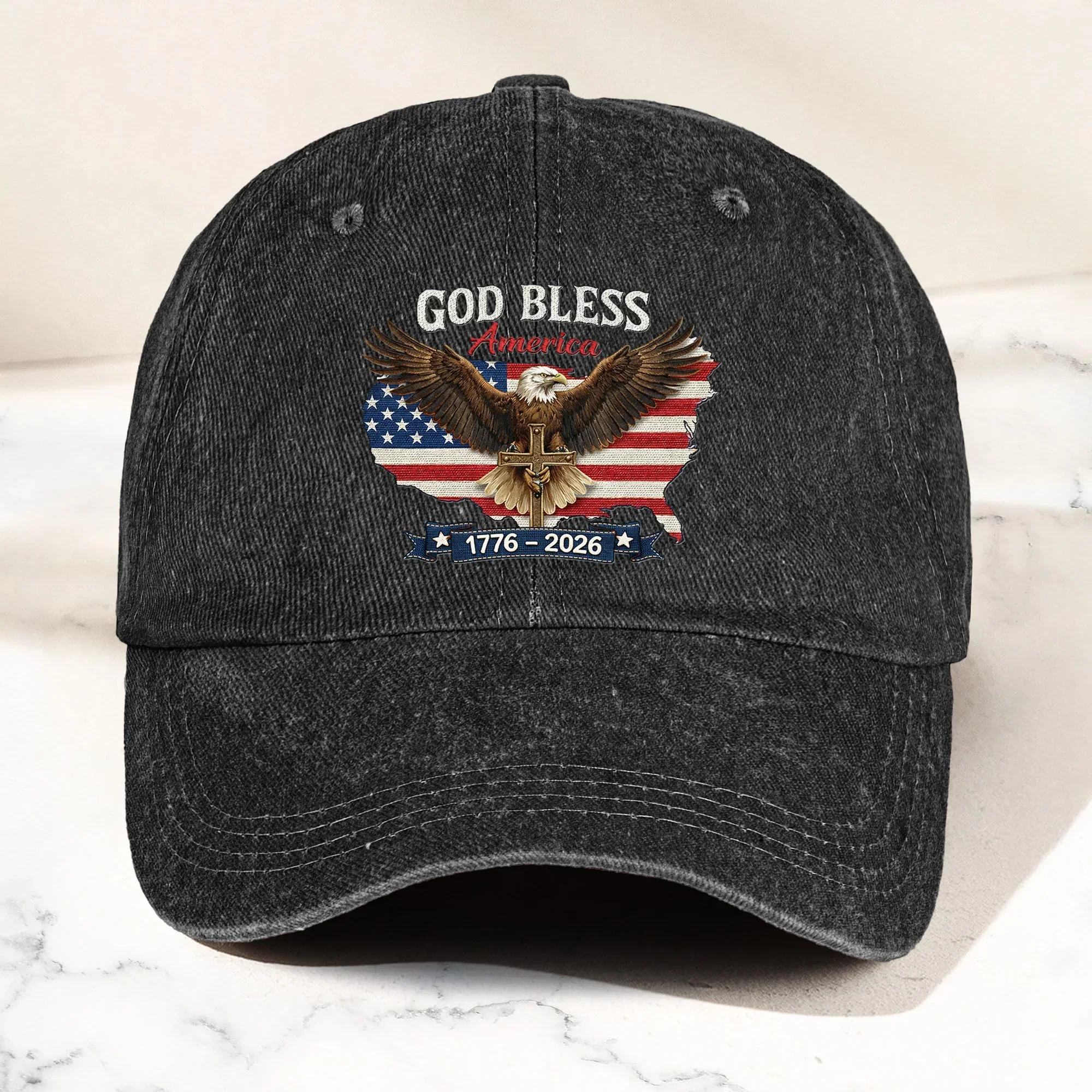 Personalized Washed Denim Baseball Cap, God Bless America Eagle Flag Design, Vintage Look Everyday Wear, Unique Gift - Image 2