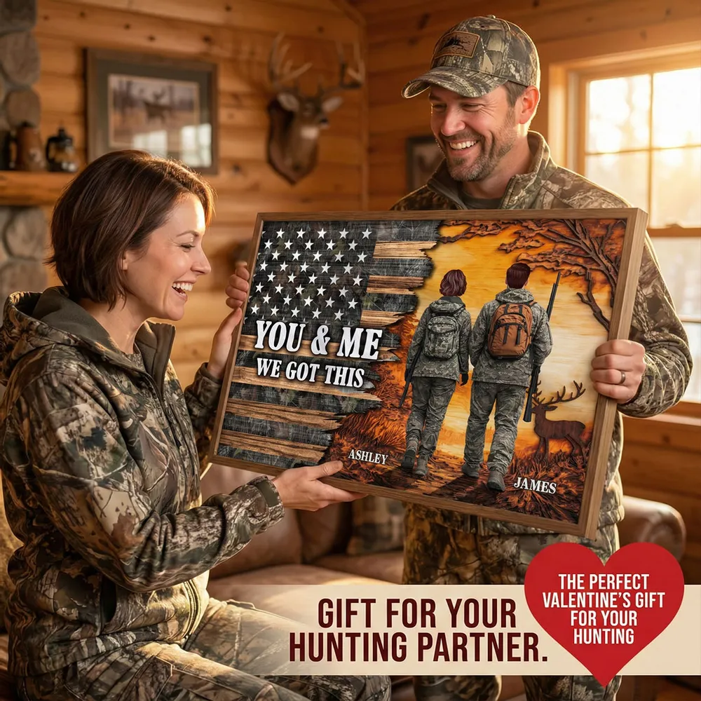 You & Me We Got This Personalized Poster for Hunters, Camouflage Couple Walking at Sunset Wall Decor, Unique Couple Gift - Image 4