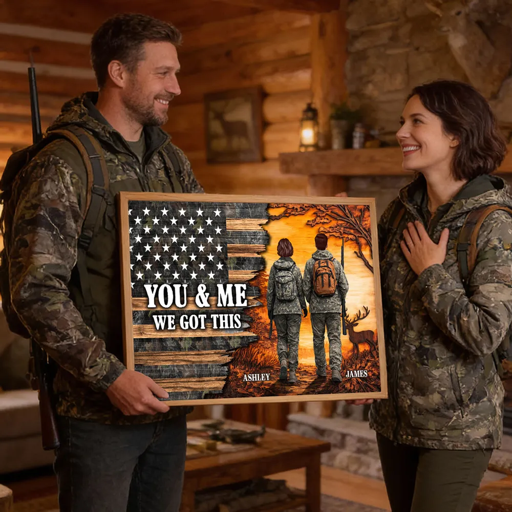 You & Me We Got This Personalized Poster for Hunters, Camouflage Couple Walking at Sunset Wall Decor, Unique Couple Gift - Image 5