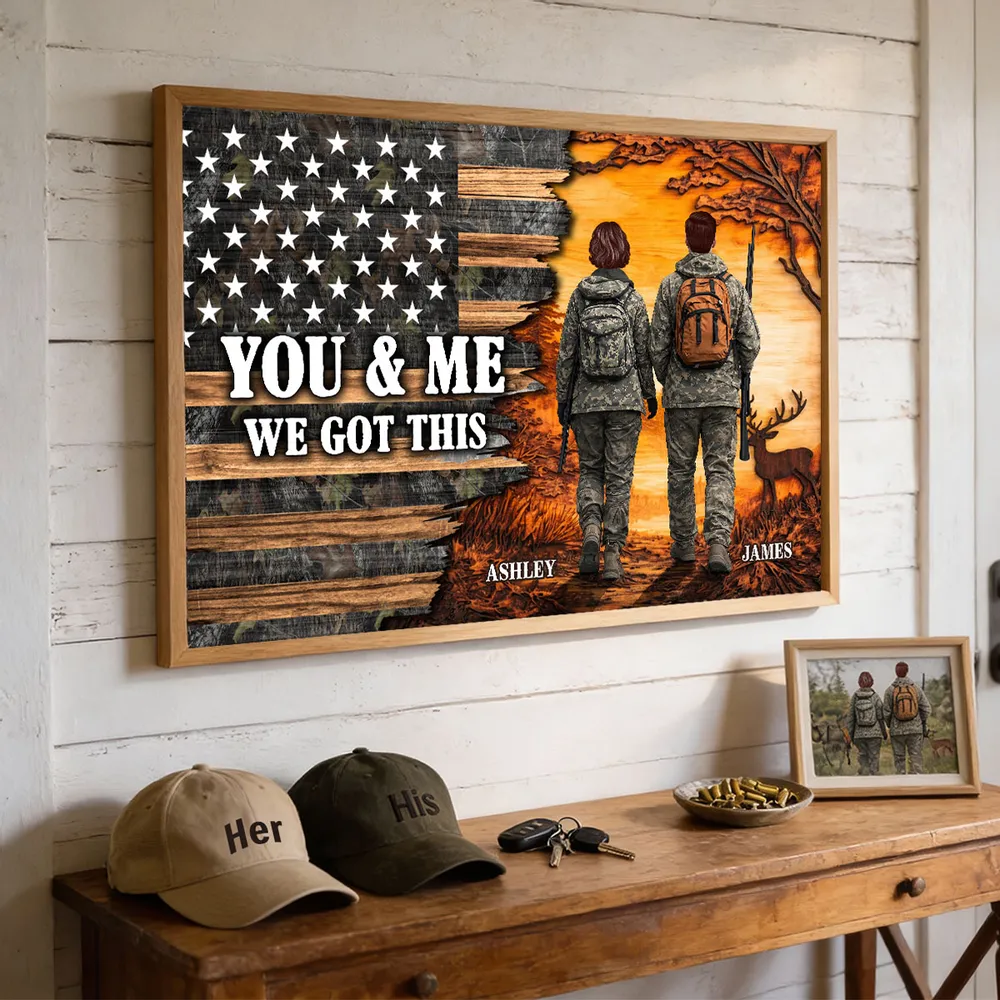 You & Me We Got This Personalized Poster for Hunters, Camouflage Couple Walking at Sunset Wall Decor, Unique Couple Gift - Image 6