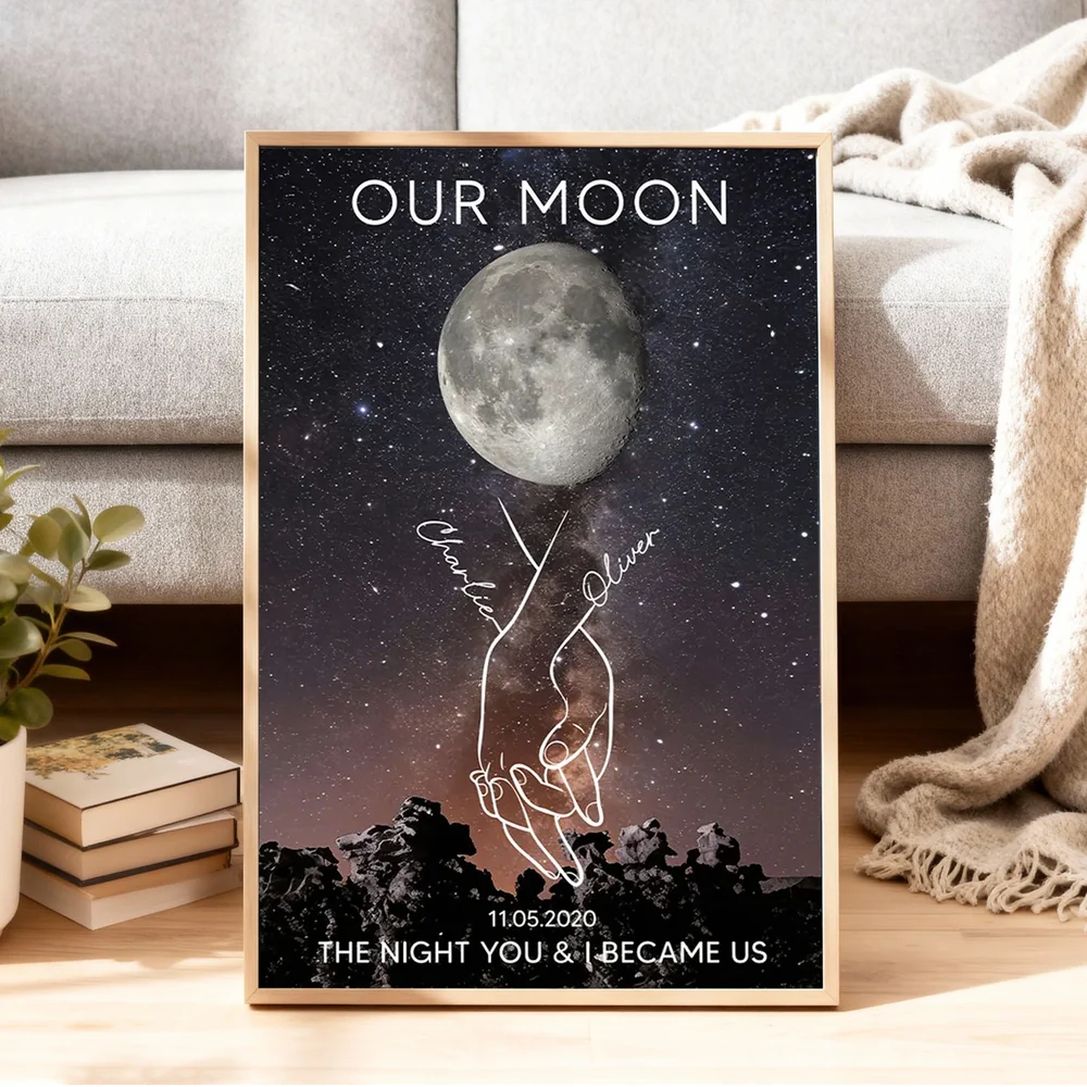 Personalized Moon Phase Poster, Couple Holding Hands Line Art on Starry Sky Wall Art, Unique Romantic Gift