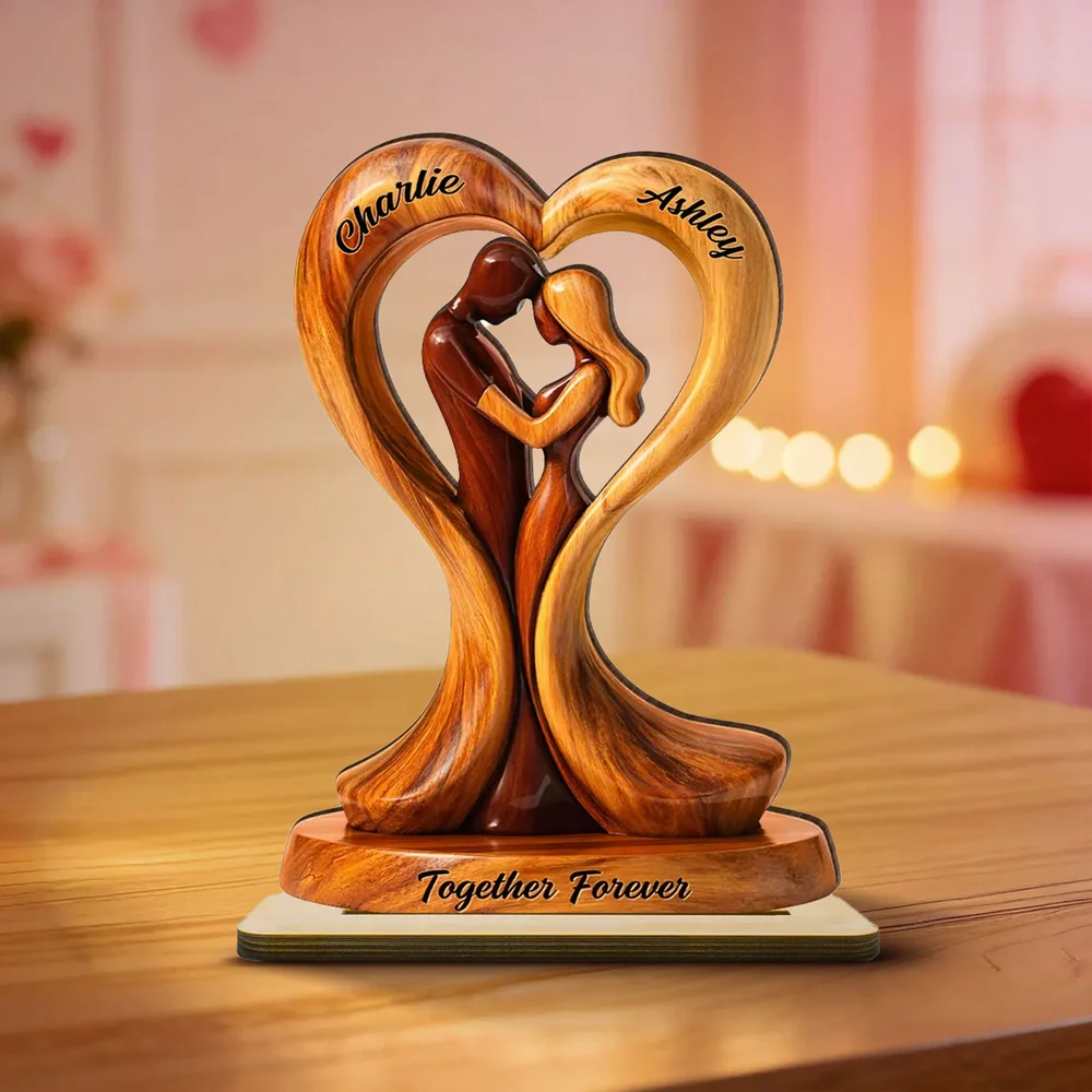 Personalized 2-Layer Wooden Plaque Heart Couple Hugging Together Forever Unique Anniversary Gift for Husband or Wife