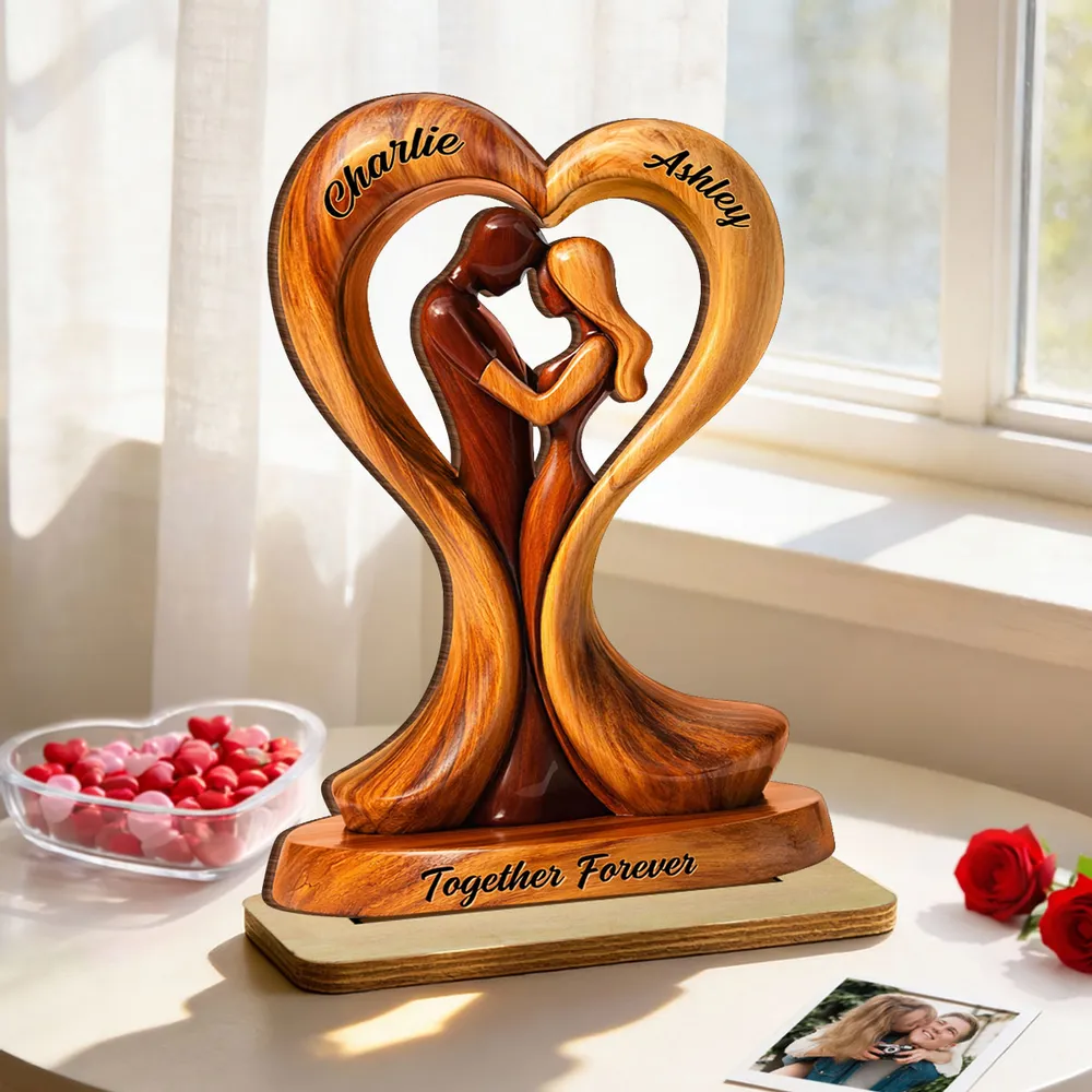 Personalized 2-Layer Wooden Plaque Heart Couple Hugging Together Forever Unique Anniversary Gift for Husband or Wife - Image 3
