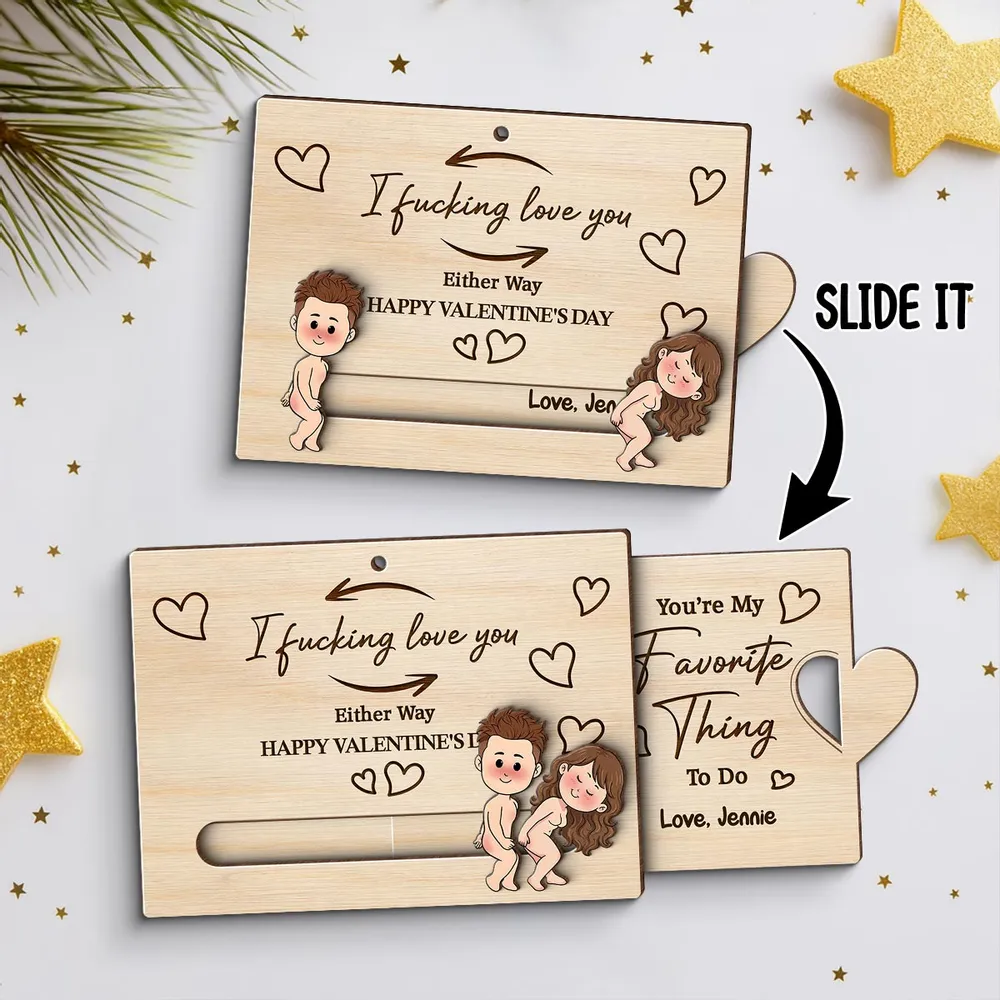 Personalized Wooden Sliding Ornament Funny Couple Cartoon Valentine's Gift for Him or Her - I fucking love you - Image 3