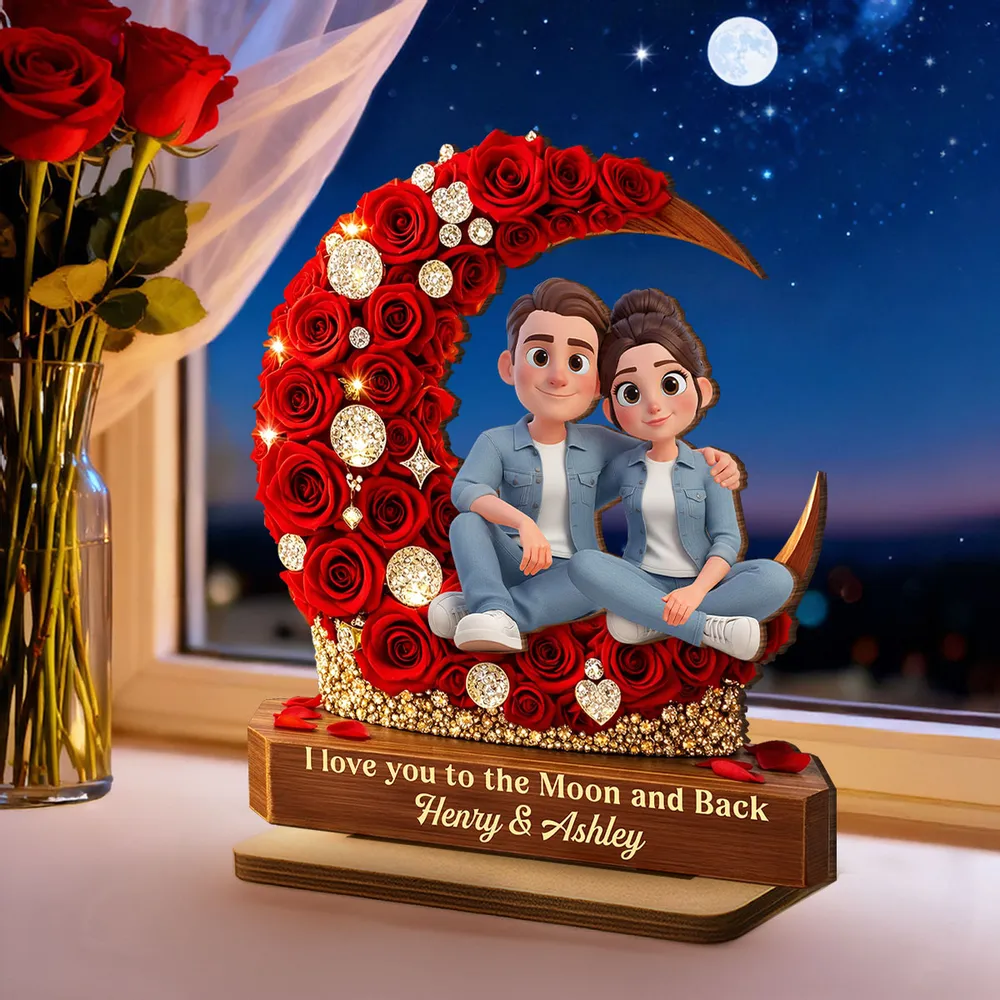 2-Layer Wooden Plaque Custom Couple on Red Rose Crescent Moon Sweet I Love You to the Moon and Back Keepsake Gift for Her or Him - Image 2