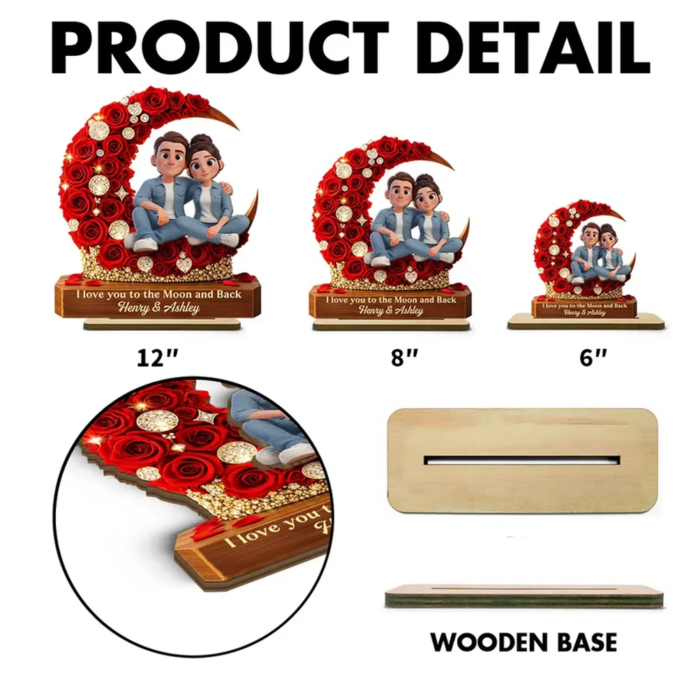 2-Layer Wooden Plaque Custom Couple on Red Rose Crescent Moon Sweet I Love You to the Moon and Back Keepsake Gift for Her or Him - Image 4