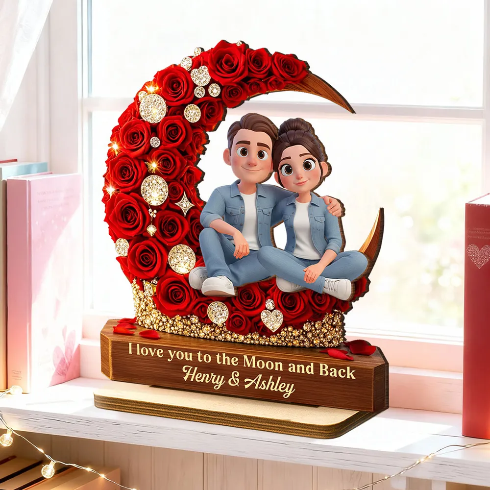 2-Layer Wooden Plaque Custom Couple on Red Rose Crescent Moon Sweet I Love You to the Moon and Back Keepsake Gift for Her or Him - Image 8