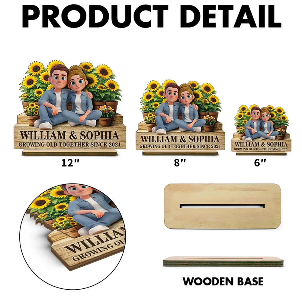 Growing Old Together Since 2-Layer Wooden Plaque with Cozy Couple and Sunflowers Unique Anniversary Gift for Him or Her - Image 4