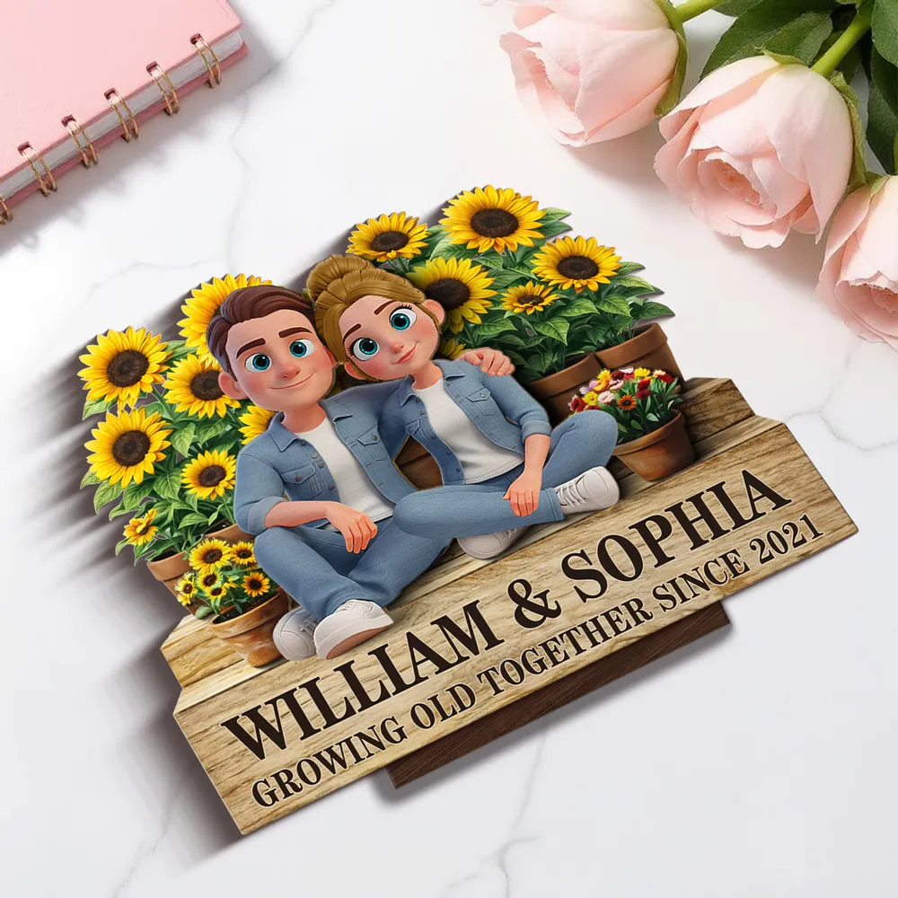 Growing Old Together Since 2-Layer Wooden Plaque with Cozy Couple and Sunflowers Unique Anniversary Gift for Him or Her - Image 6