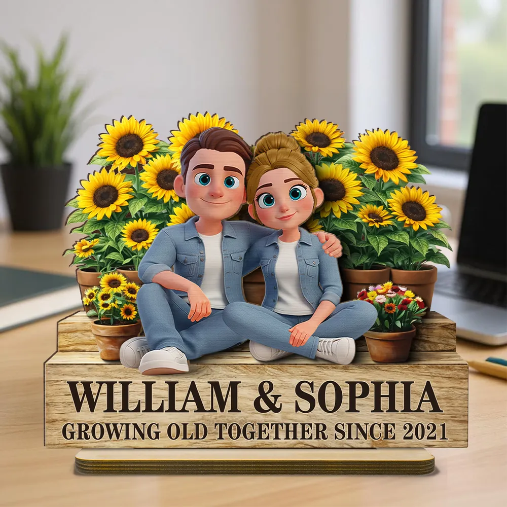 Growing Old Together Since 2-Layer Wooden Plaque with Cozy Couple and Sunflowers Unique Anniversary Gift for Him or Her - Image 7