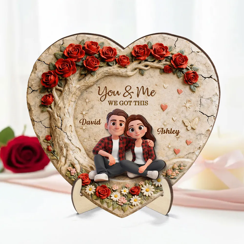 Personalized 2-Layer Wooden Plaque Couple Sitting Together in a Heart Rose Design You & Me Unique Gift for Husband or Wife - Image 3
