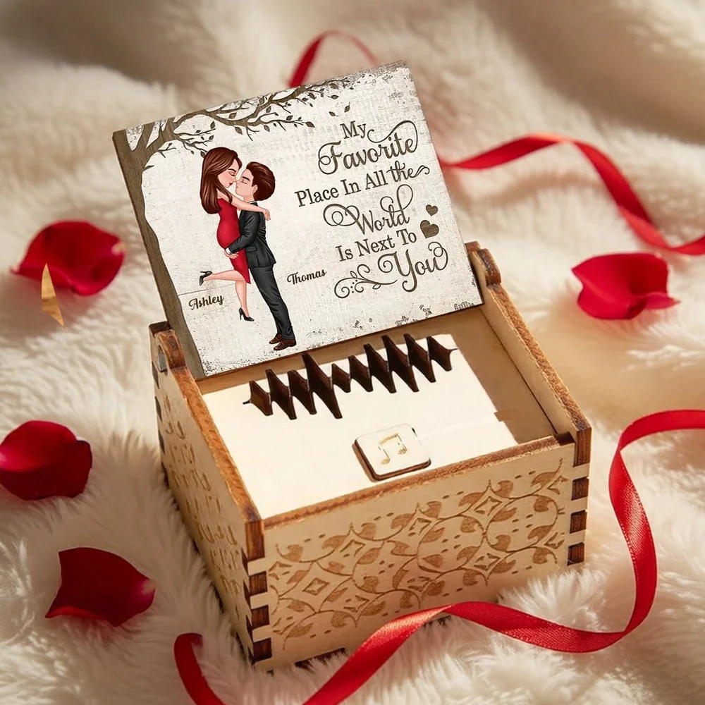 Personalized Wooden Music Box with Kissing Couple and 'My Favorite Place Is Next to You' - Unique Romantic Gift