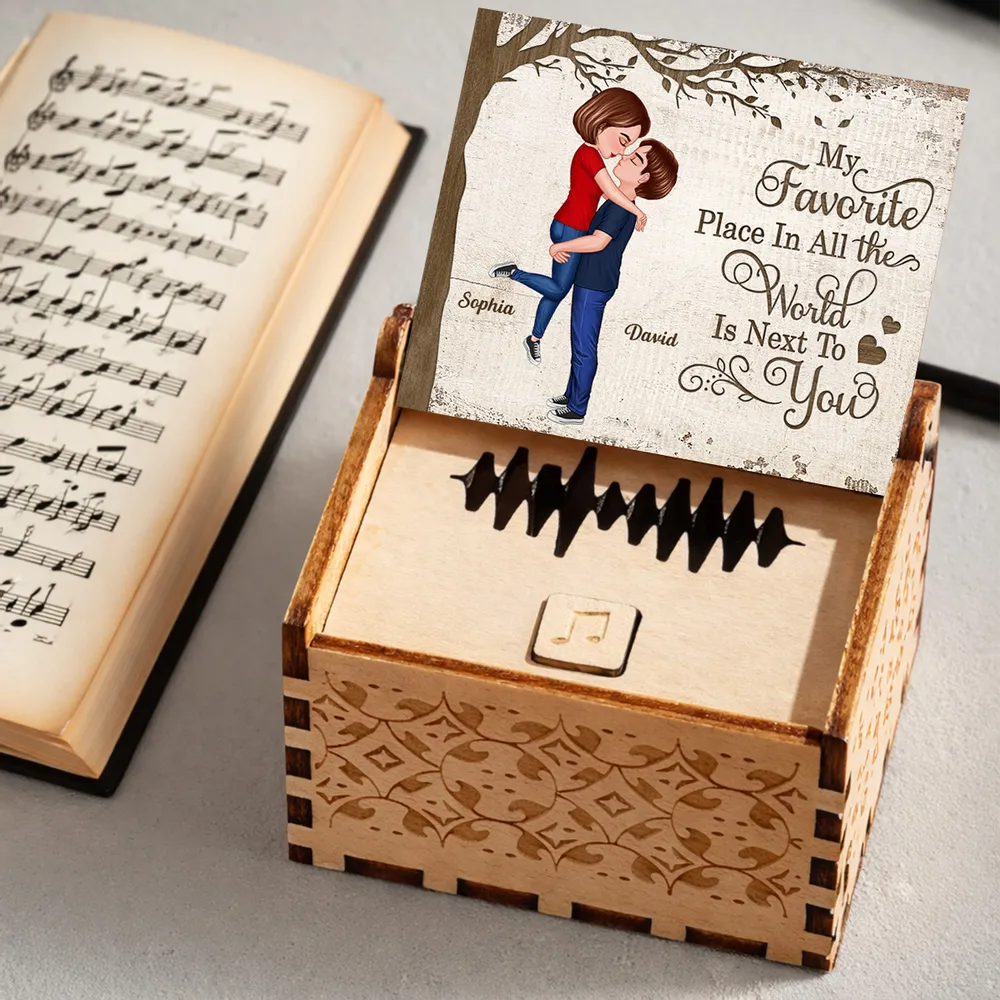 Personalized Wooden Music Box with Kissing Couple and 'My Favorite Place Is Next to You' - Unique Romantic Gift - Image 2