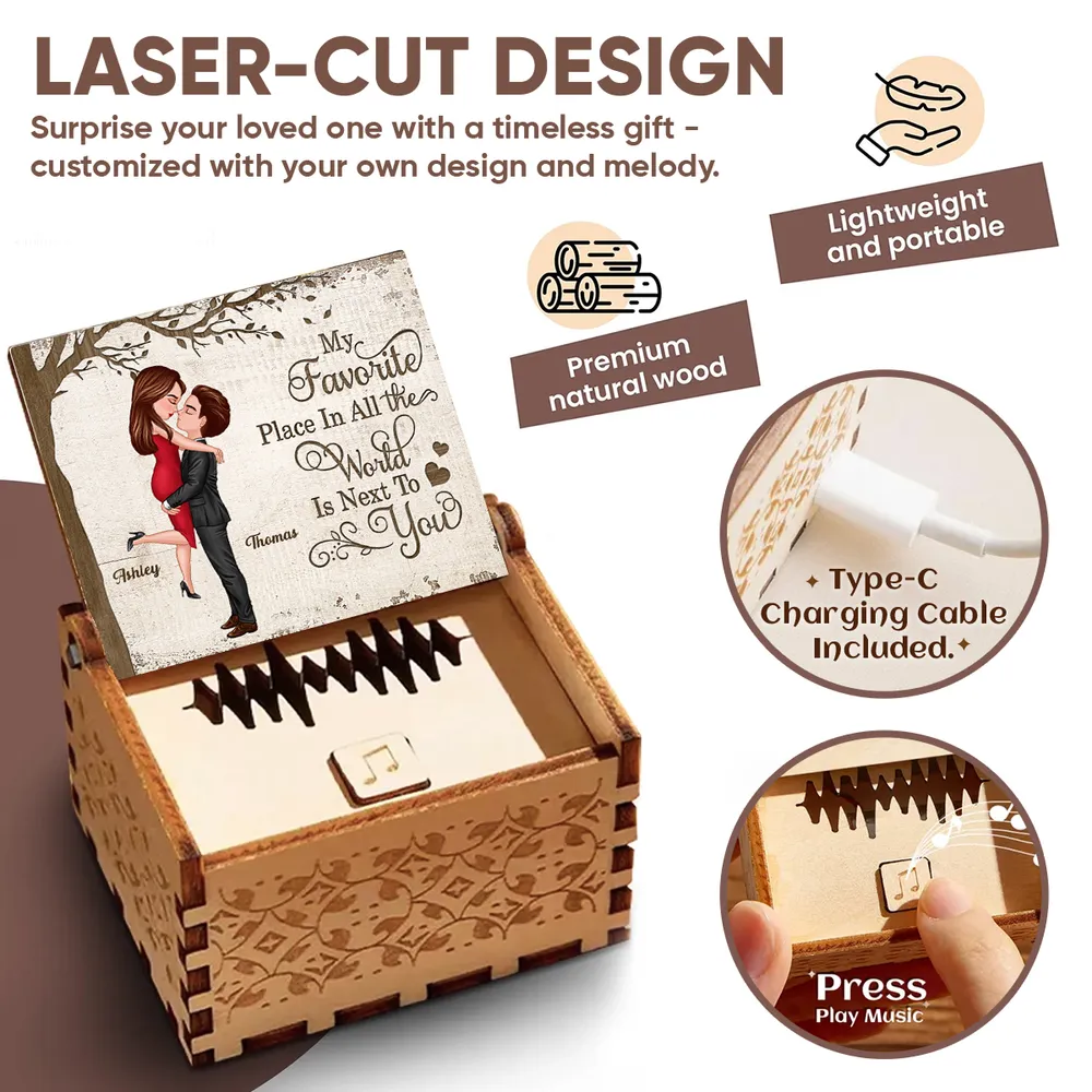 Personalized Wooden Music Box with Kissing Couple and 'My Favorite Place Is Next to You' - Unique Romantic Gift - Image 5