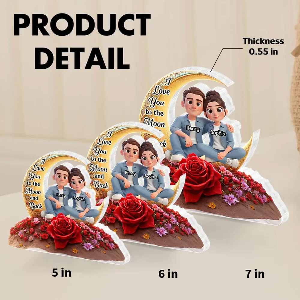 Personalized Shaped Acrylic Block Plaque Moon & Rose Couple Sitting by the Sea Unique Romantic Gift for Him or Her - Image 4