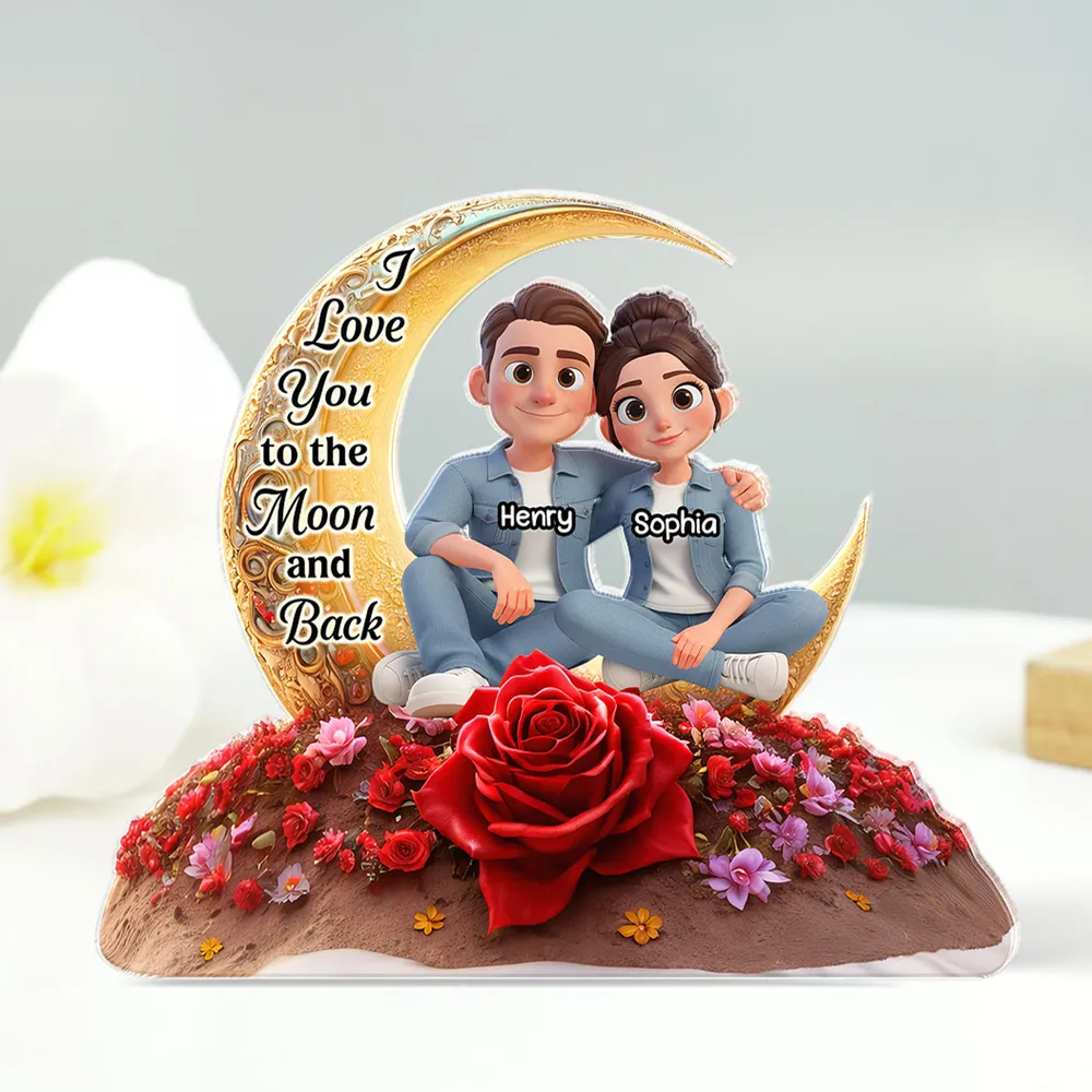 Personalized Shaped Acrylic Block Plaque Moon & Rose Couple Sitting by the Sea Unique Romantic Gift for Him or Her - Image 6