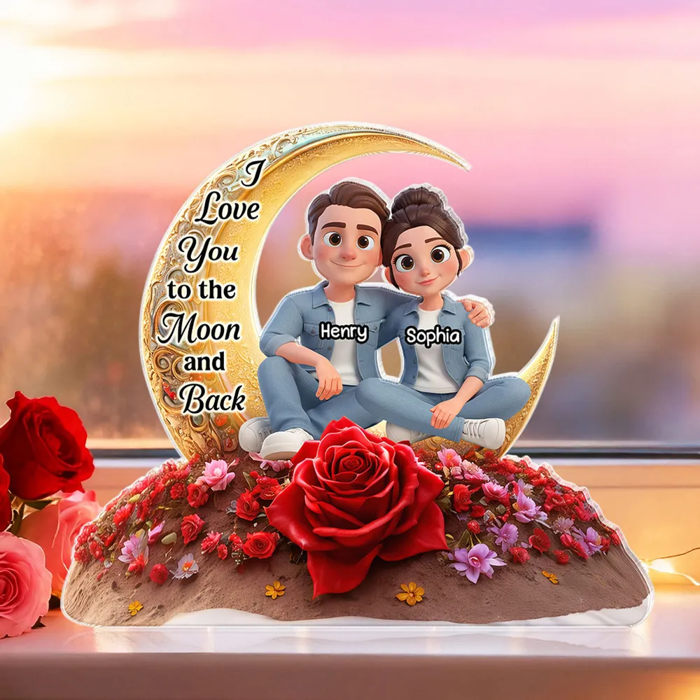 Personalized Shaped Acrylic Block Plaque Moon & Rose Couple Sitting by the Sea Unique Romantic Gift for Him or Her - Image 7
