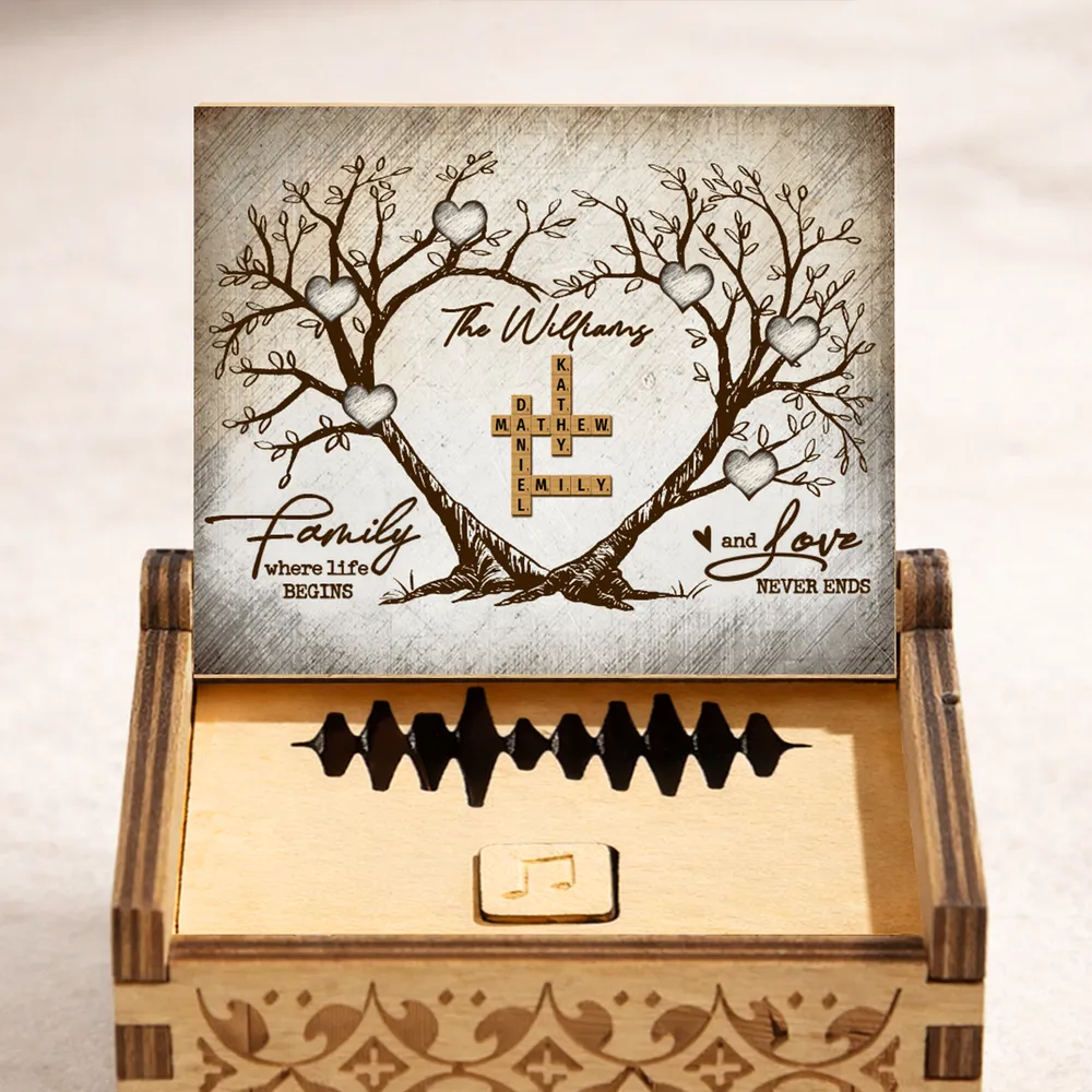 Personalized Wooden Music Box with Heart Tree Crossword Design for Family Keepsake, Unique Gift for Mom Dad Couple - Image 3