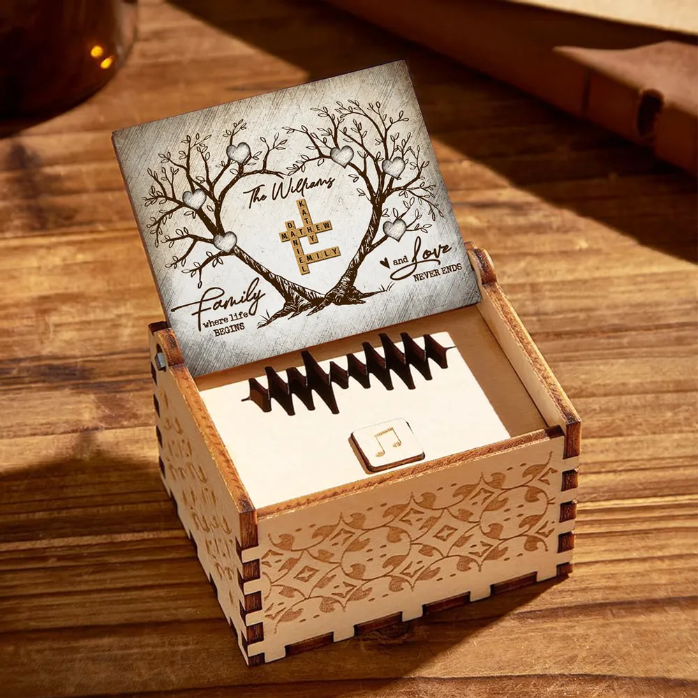 Personalized Wooden Music Box with Heart Tree Crossword Design for Family Keepsake, Unique Gift for Mom Dad Couple - Image 7
