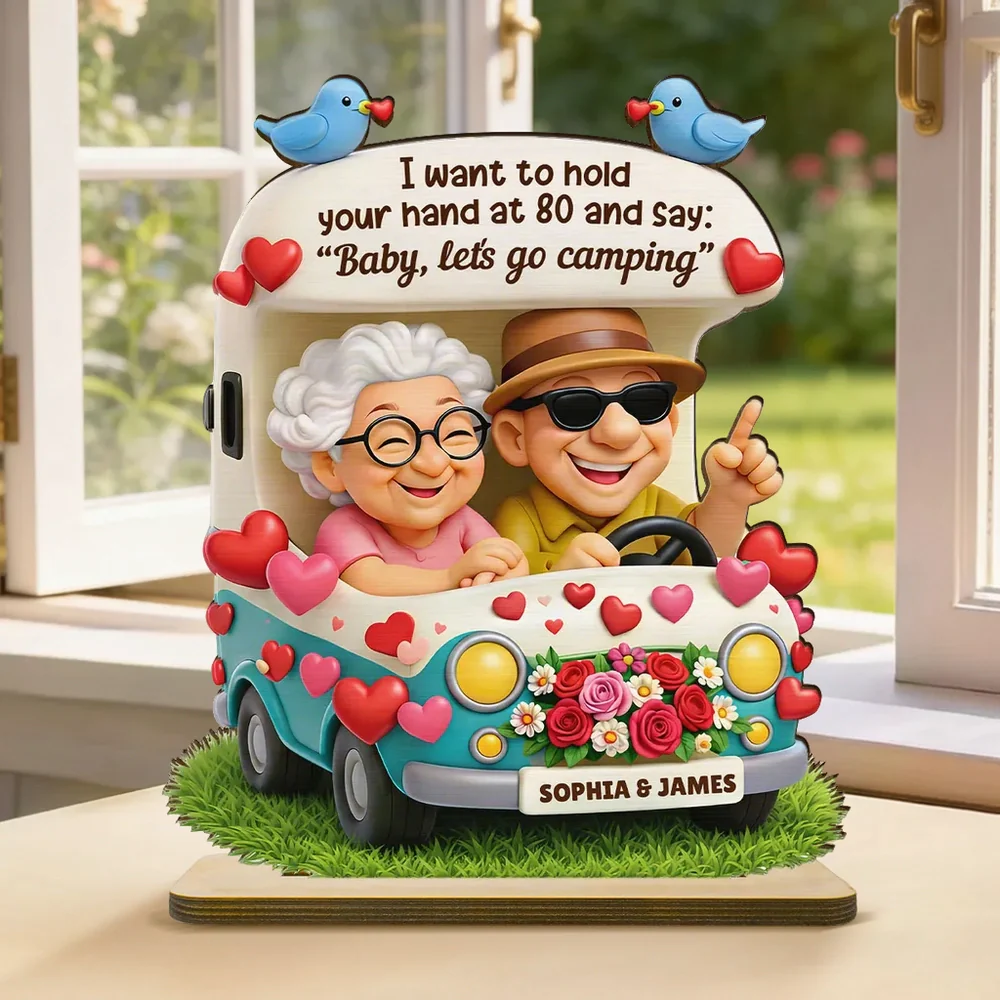 Personalized 2-Layer Wooden Plaque Cute Cartoon Couple in Camper Van 'Baby, let's go camping' Unique Gift for Him or Her
