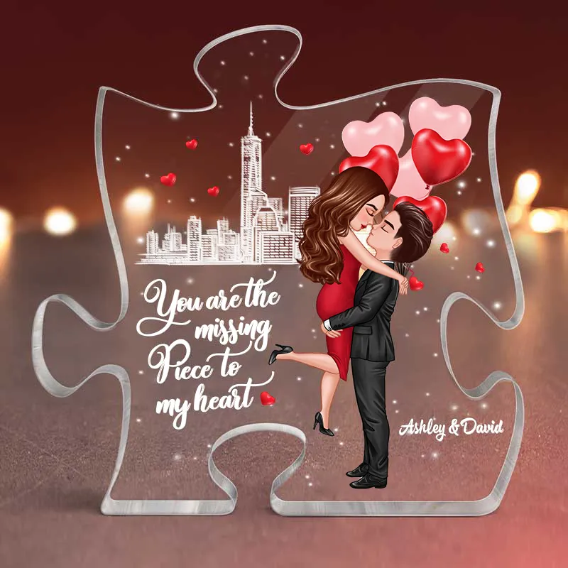 Personalized Puzzle Acrylic Block Plaque Hugging Couple With Hearts Romantic City Scene Unique Gift For Him Or Her - Image 3