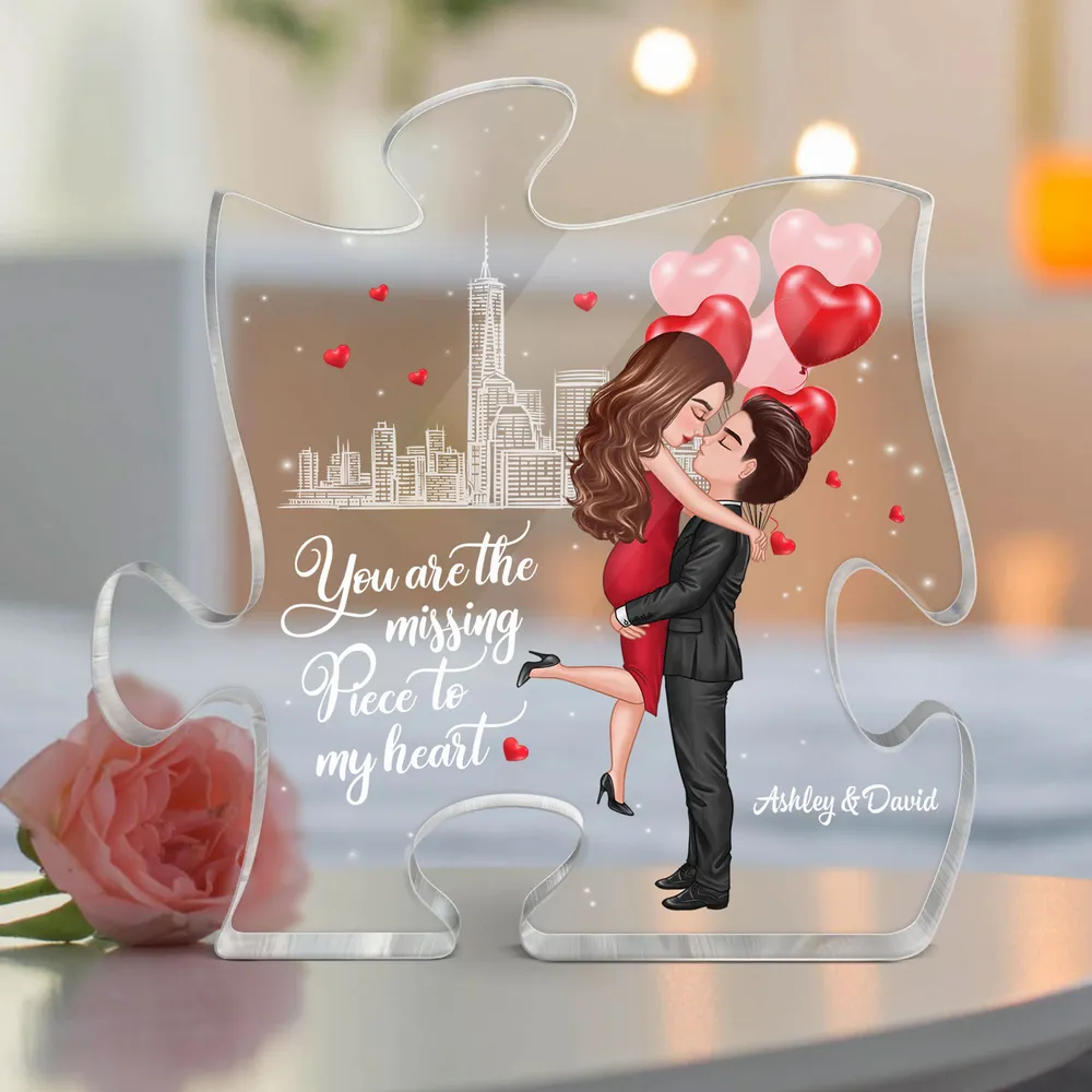 Personalized Puzzle Acrylic Block Plaque Hugging Couple With Hearts Romantic City Scene Unique Gift For Him Or Her - Image 4