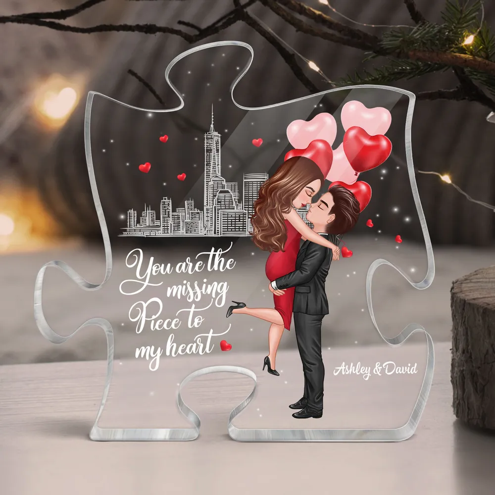 Personalized Puzzle Acrylic Block Plaque Hugging Couple With Hearts Romantic City Scene Unique Gift For Him Or Her - Image 6
