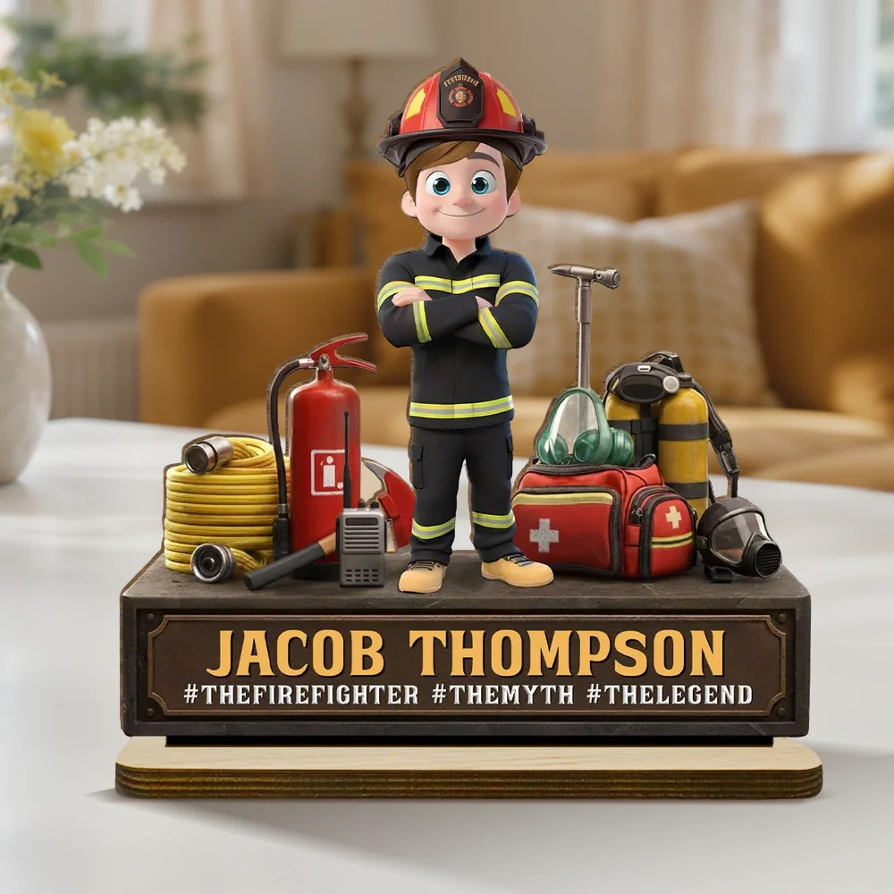 Personalized Firefighter 2-Layer Wooden Plaque, Cartoon Hero Gear Display, Unique Gift for Firefighters