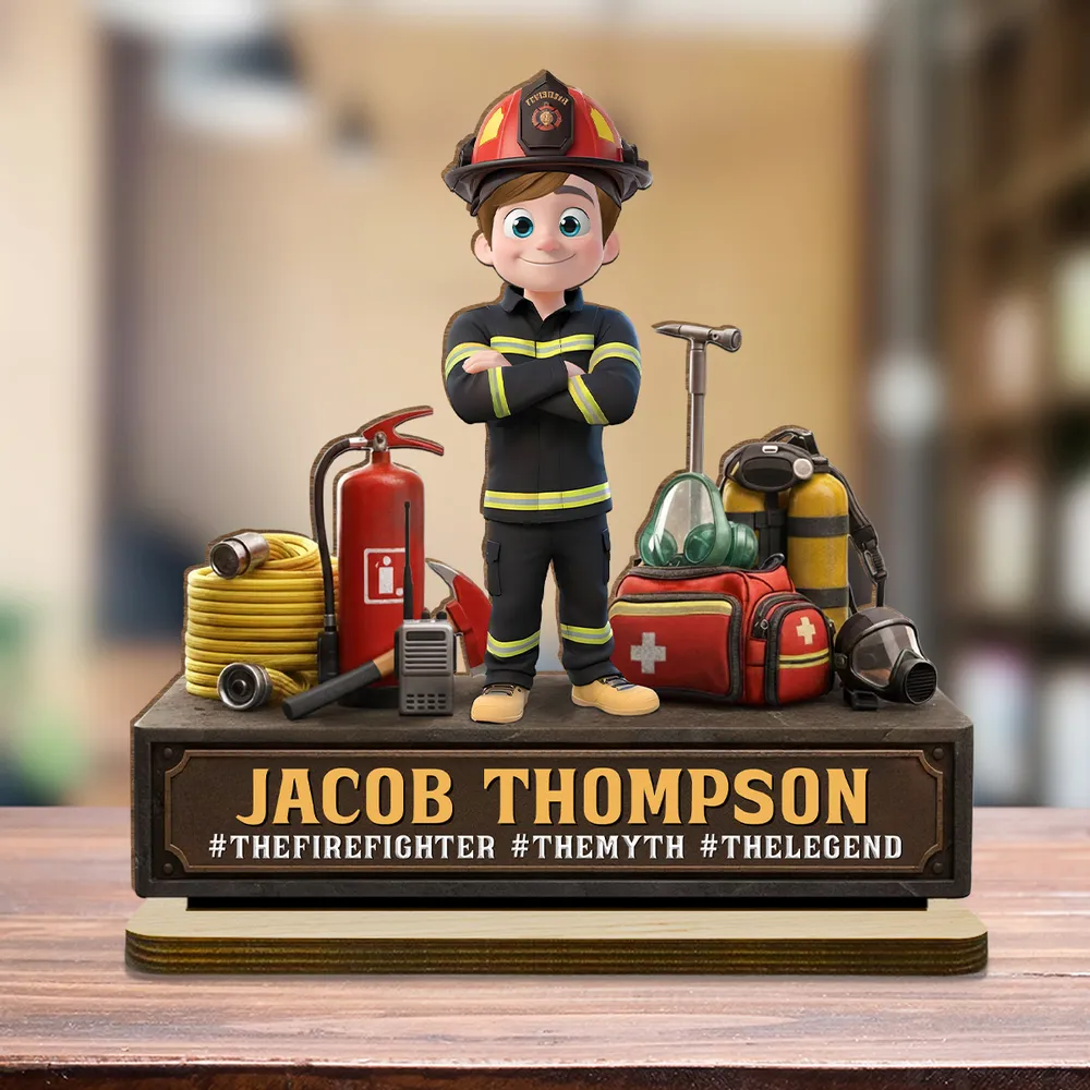 Personalized Firefighter 2-Layer Wooden Plaque, Cartoon Hero Gear Display, Unique Gift for Firefighters - Image 6