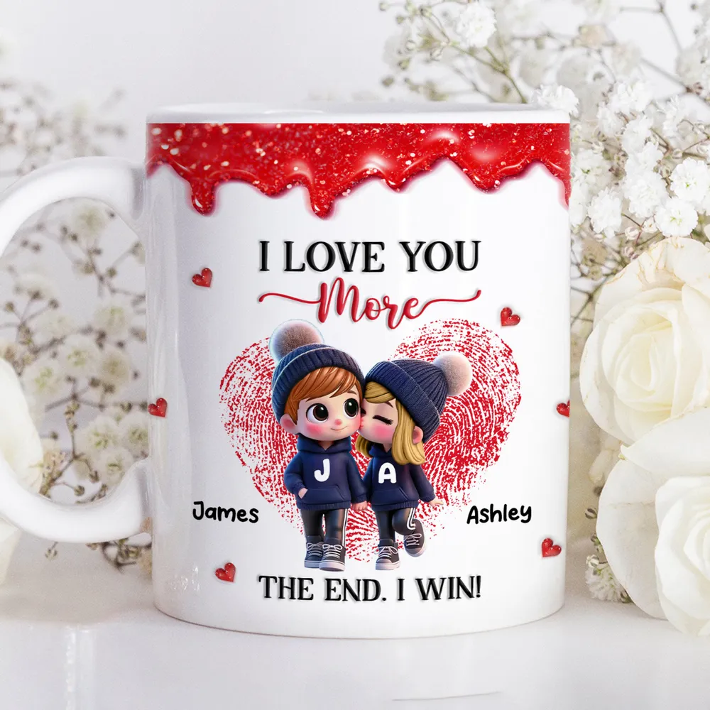 Personalized Ceramic Mug, Cute Cartoon Couple Kissing with Hearts, I Love You More I Win, Unique Valentine's Gift for Him or Her - Image 2