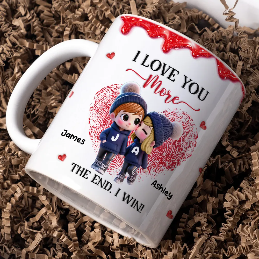 Personalized Ceramic Mug, Cute Cartoon Couple Kissing with Hearts, I Love You More I Win, Unique Valentine's Gift for Him or Her - Image 4