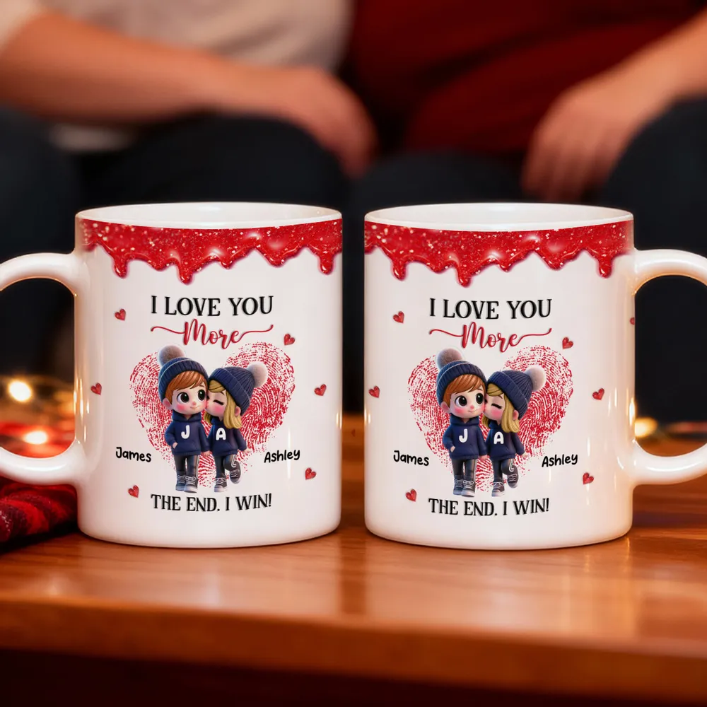Personalized Ceramic Mug, Cute Cartoon Couple Kissing with Hearts, I Love You More I Win, Unique Valentine's Gift for Him or Her - Image 5