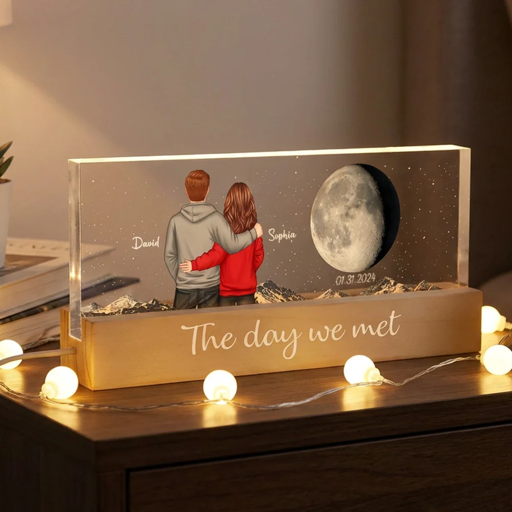 Personalized Block LED Light Plaque with Back View Couple & Moon, Custom Keepsake Night Light, Unique Gift for Couples
