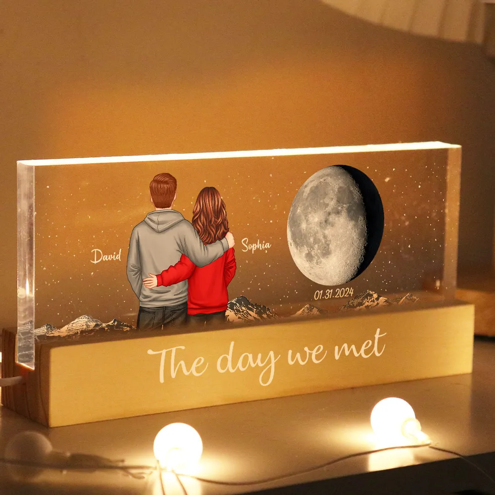 Personalized Block LED Light Plaque with Back View Couple & Moon, Custom Keepsake Night Light, Unique Gift for Couples - Image 3