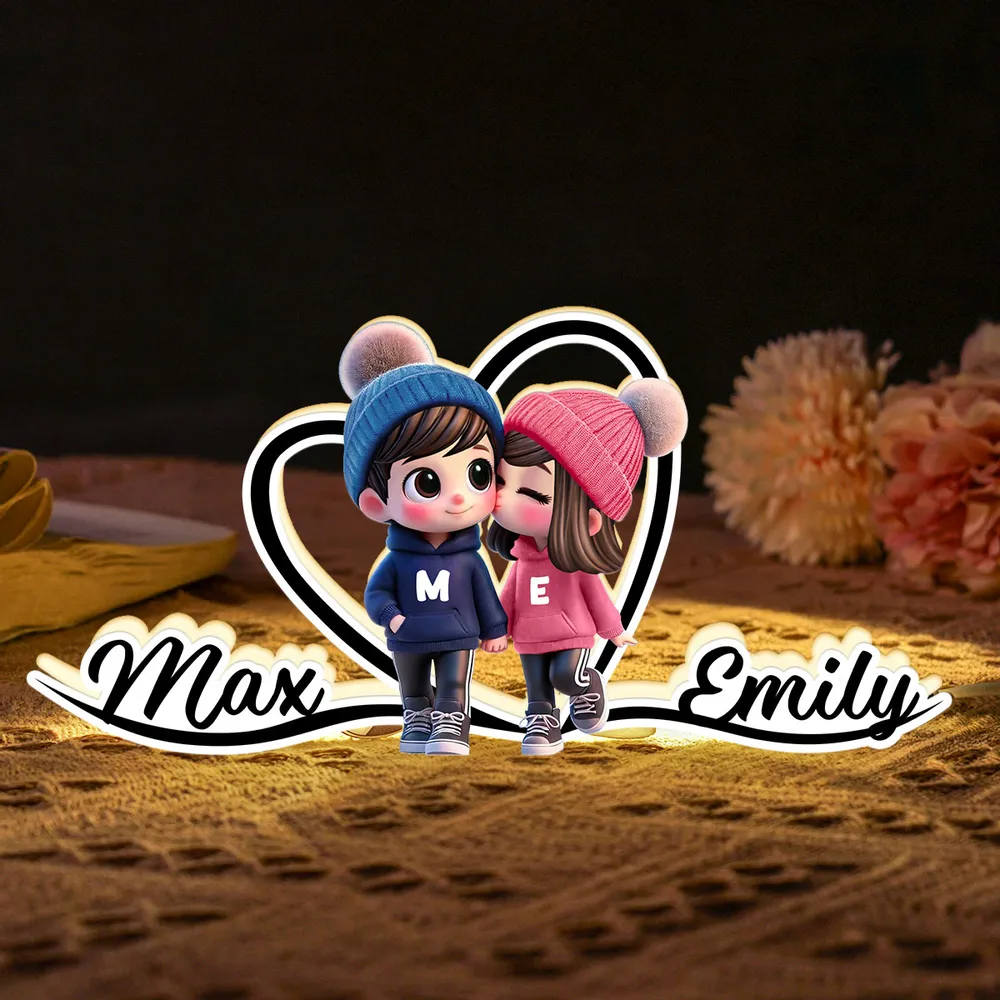 Personalized Cartoon Couple Kissing Heart Acrylic Light Box, Cozy Warm Glow Bedroom Decor, Unique Gift for Him or Her - Image 2