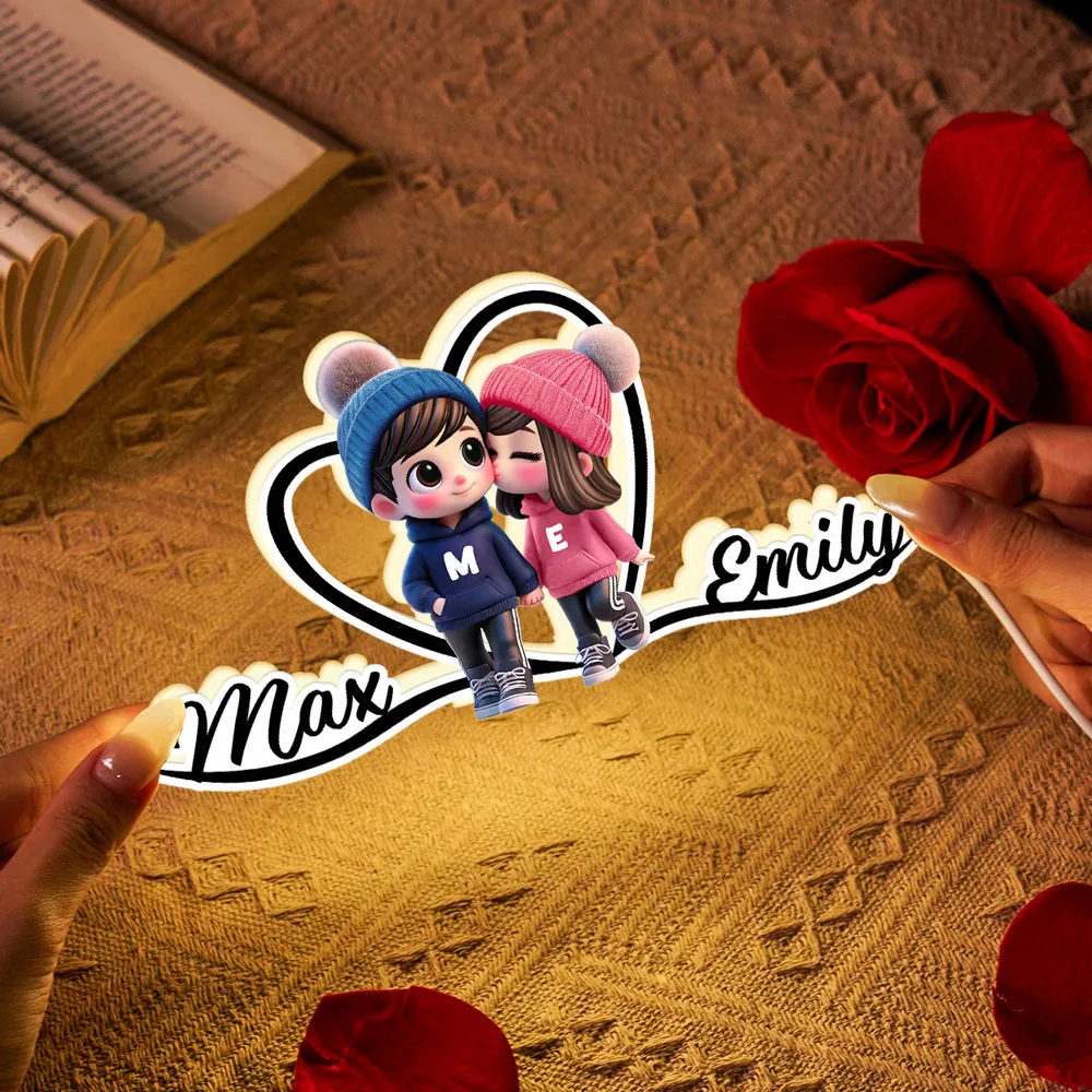 Personalized Cartoon Couple Kissing Heart Acrylic Light Box, Cozy Warm Glow Bedroom Decor, Unique Gift for Him or Her - Image 6