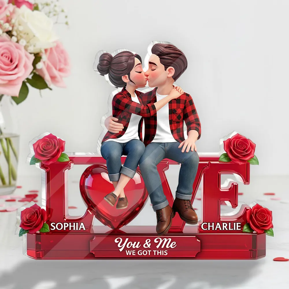 Personalized Shaped Acrylic Block Plaque with Kissing Couple on LOVE and Roses - Unique Romantic Gift for Him or Her - Image 2
