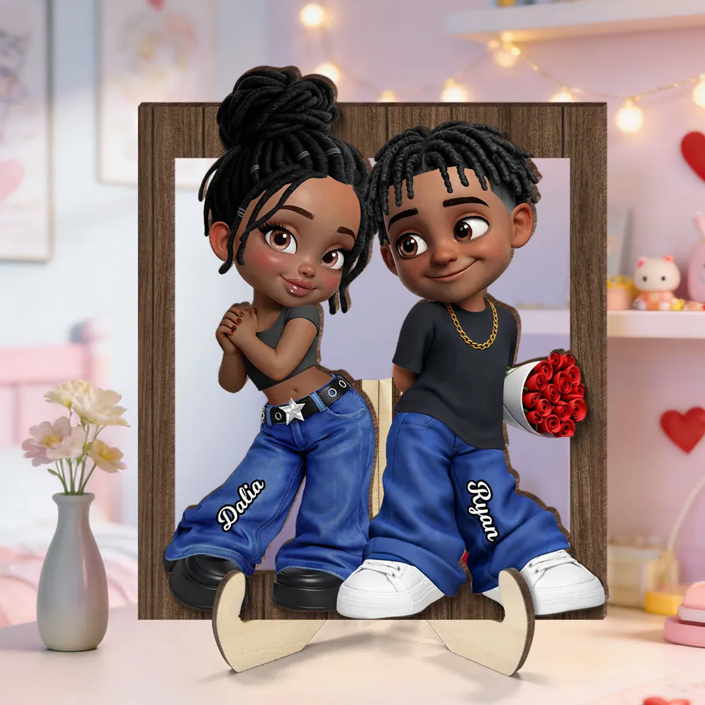 Personalized 2-Layer Wooden Plaque Y2K Cartoon Couple Holding Roses Unique Gift For Him Or Her - Image 3