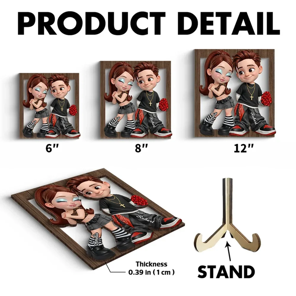 Personalized 2-Layer Wooden Plaque Y2K Cartoon Couple Holding Roses Unique Gift For Him Or Her - Image 4