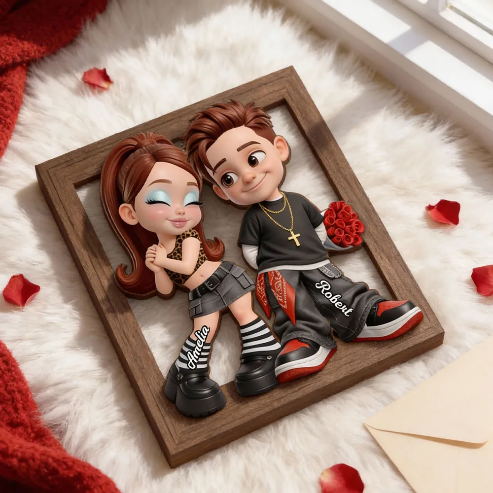 Personalized 2-Layer Wooden Plaque Y2K Cartoon Couple Holding Roses Unique Gift For Him Or Her - Image 8