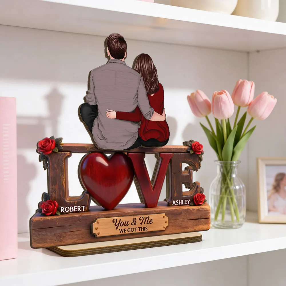 2-Layer Wooden Plaque Personalized Love Keepsake, Couple Sitting Embracing with Roses, Sweet You & Me Gift - Image 2