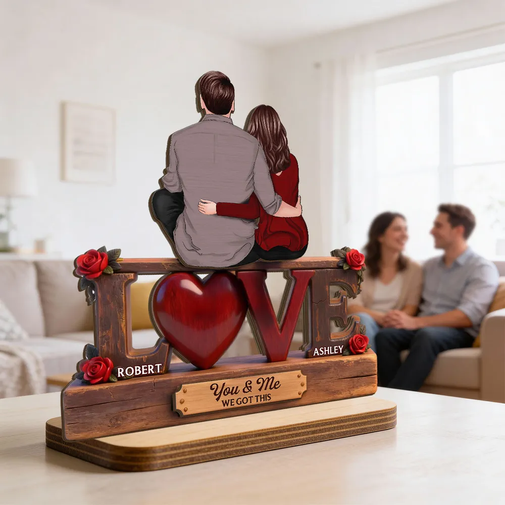 2-Layer Wooden Plaque Personalized Love Keepsake, Couple Sitting Embracing with Roses, Sweet You & Me Gift - Image 5