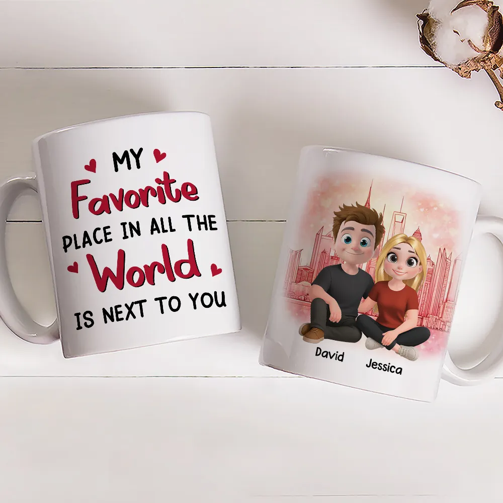 Personalized Ceramic Mug Cartoon Couple Sitting by City Skyline Unique Romantic Gift for Him or Her - Image 2
