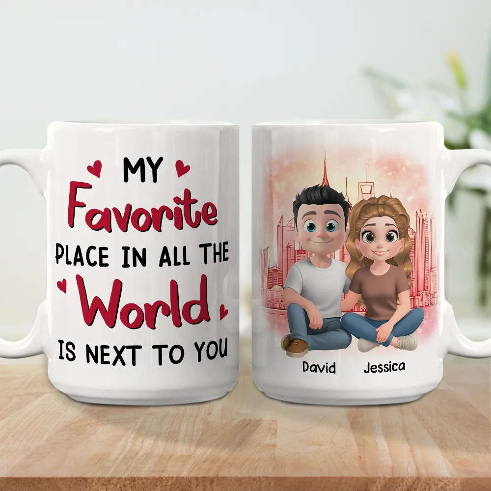 Personalized Ceramic Mug Cartoon Couple Sitting by City Skyline Unique Romantic Gift for Him or Her - Image 5