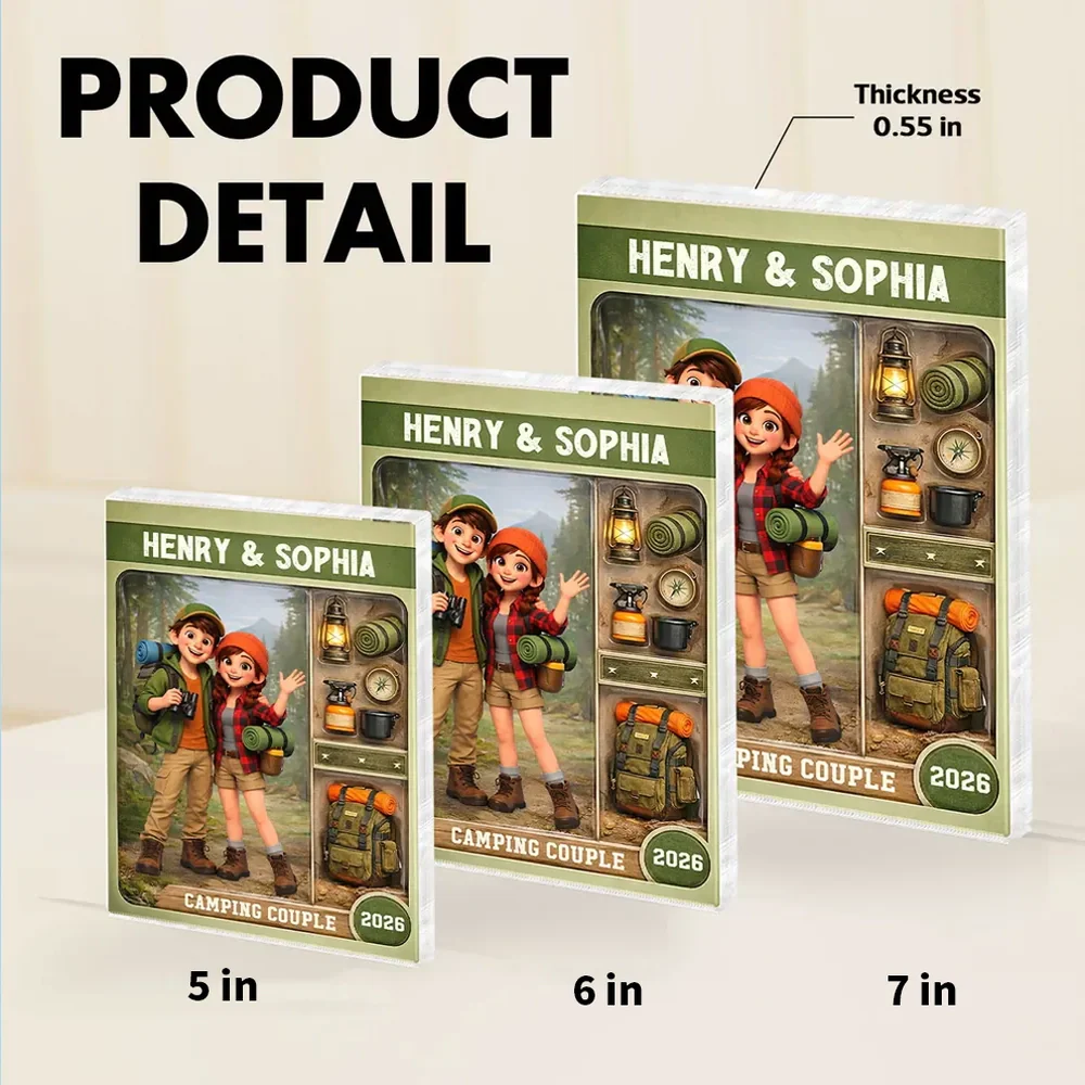 Personalized Camping Couple Rectangle Acrylic Block Plaque, Cute Cartoon Hikers Desk Decor, Unique Gift for Couples - Image 4
