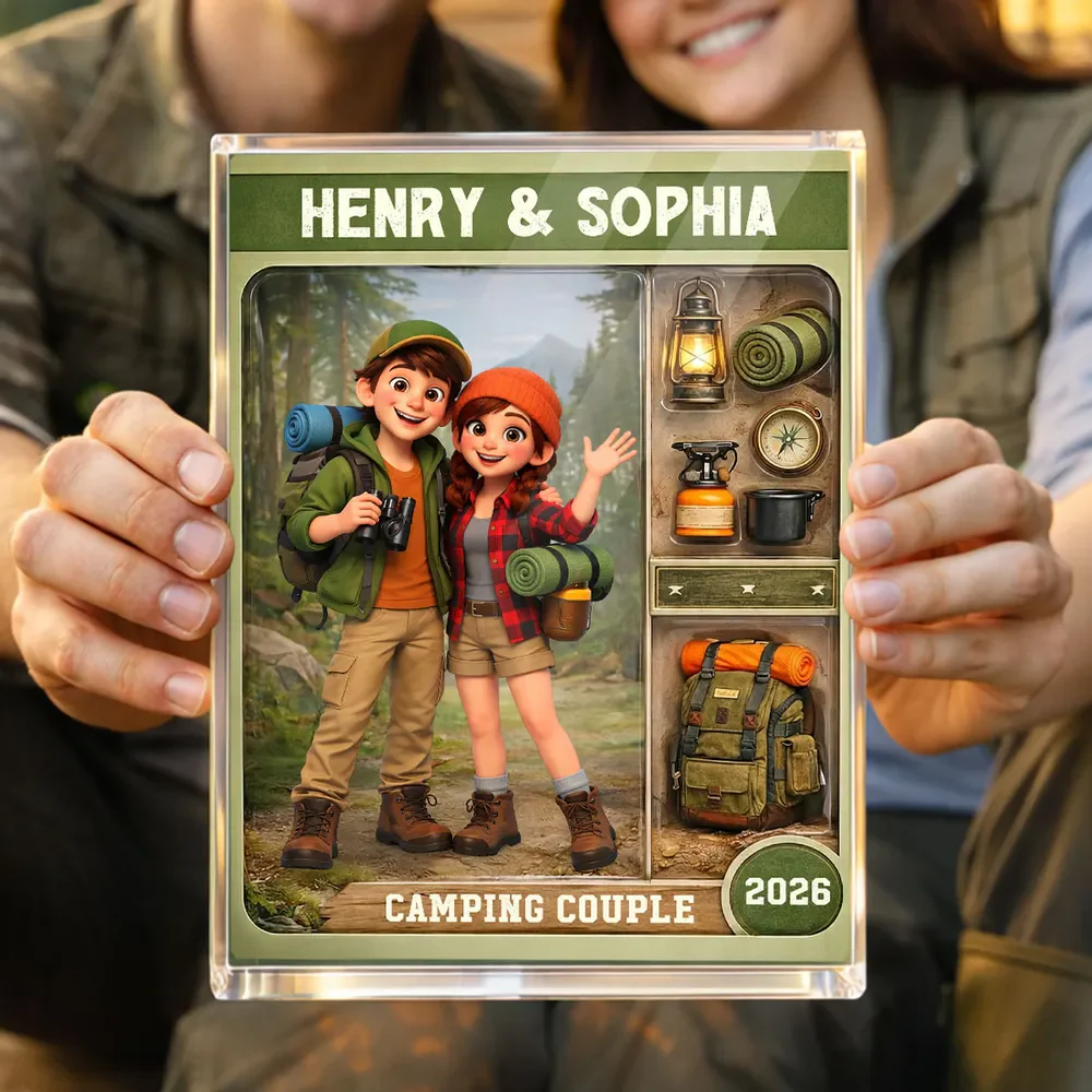 Personalized Camping Couple Rectangle Acrylic Block Plaque, Cute Cartoon Hikers Desk Decor, Unique Gift for Couples - Image 7